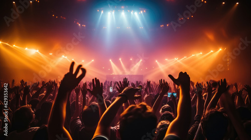 Crowd of people waving hands at concert in club, party, holidays, Celebration, Nightlife and people concept.