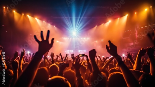Musical concert, Young happy people are dancing in club, Nightlife and disco concept.