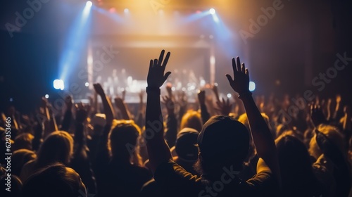 Crowd of people waving hands at concert in club, party, holidays, Celebration, Nightlife and people concept.