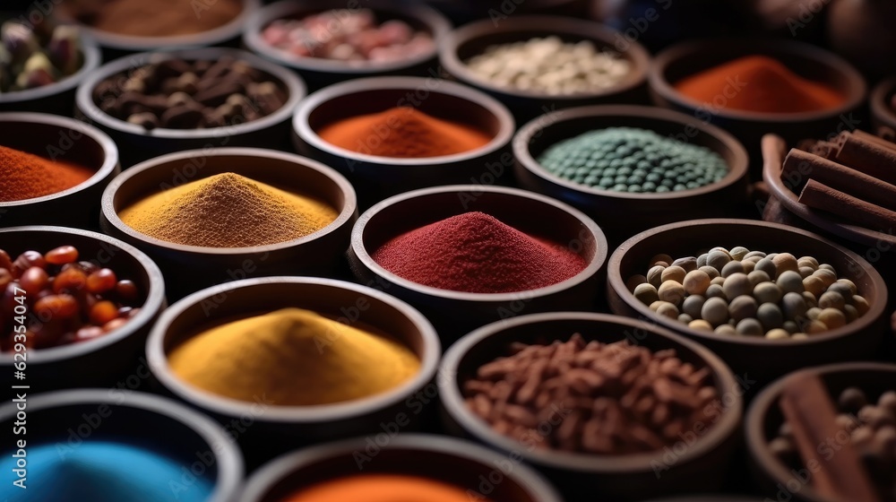 Closeup of spices and foods, Dried cinnamon, pepper, paprika. Closeup of spices and foods, Dried cinnamon, pepper, paprika.