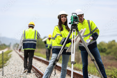 Civil engineers teamwork at road construction sites to supervise new road construction and inspect road construction sites. Road construction supervision. photo