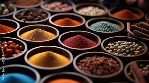 Closeup of spices and foods, Dried cinnamon, pepper, paprika. © visoot