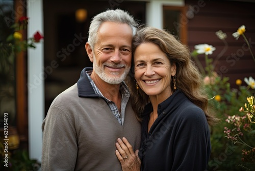 Portrait of middle class mature american couple in US suburbs home yard