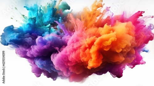 Multicolored explosion of rainbow holi powder paint isolated on white background  Colorful rainbow cloud.