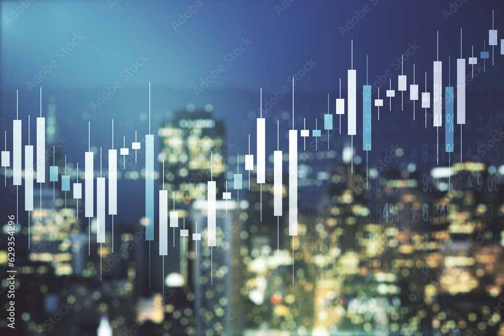 Multi exposure of virtual abstract financial diagram on blurry office ...