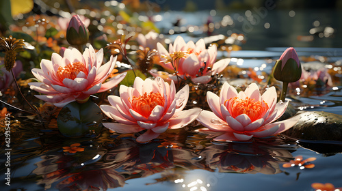 Photographie Pink lillies floating in water.