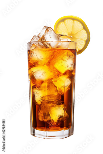 glass of iced tea with lemon isolated on a transparent background, generative ai