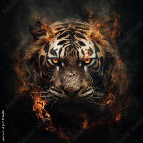 tiger angry with fire on black background