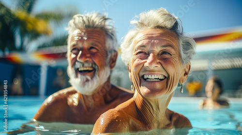 elderly couple doing water aerobics together
