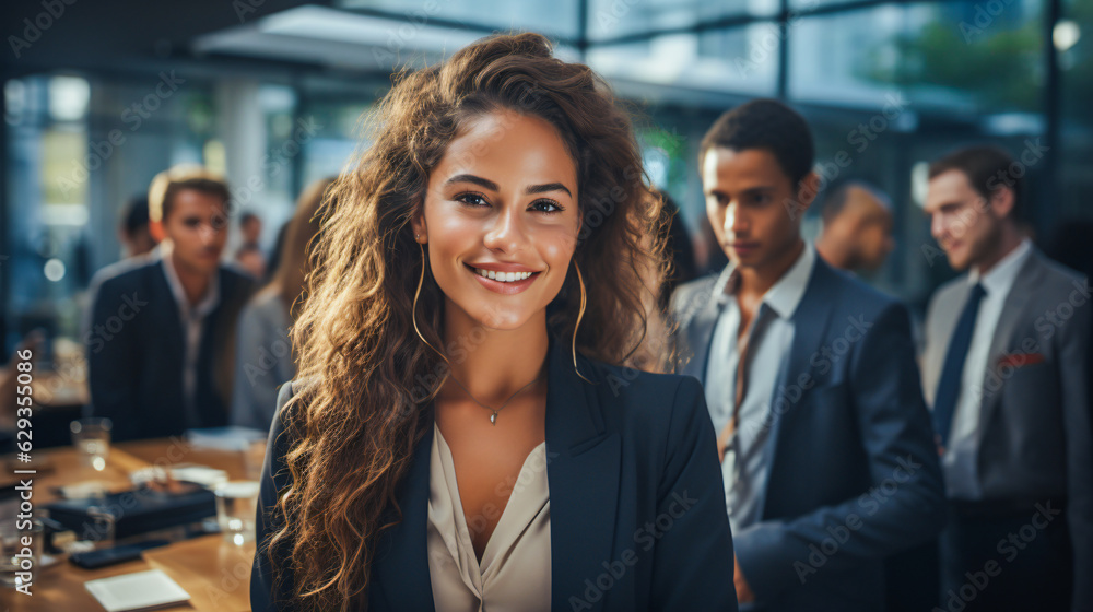 smiling multicultural business team in a moder office
sitting arounda conference table smiling businesswoman in front smiling multicultural business team in a moder office
sitting arounda conference table smiling businesswoman in front
