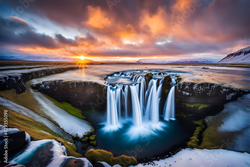 waterfall in iceland at sunset - generative ai