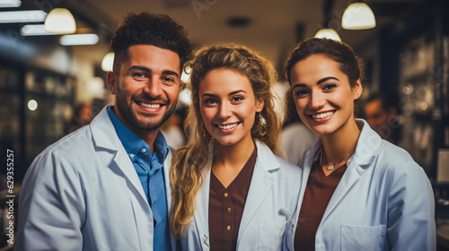 medical personal standing smiling together in the floor of a clinic photo