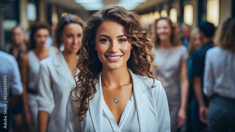 portrait of a smiling brunette woman who is at a chic event portrait of a smiling brunette woman who is at a chic event