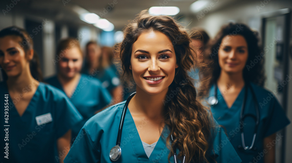 medical personal standing smiling together in the floor of a clinic medical personal standing smiling together in the floor of a clinic