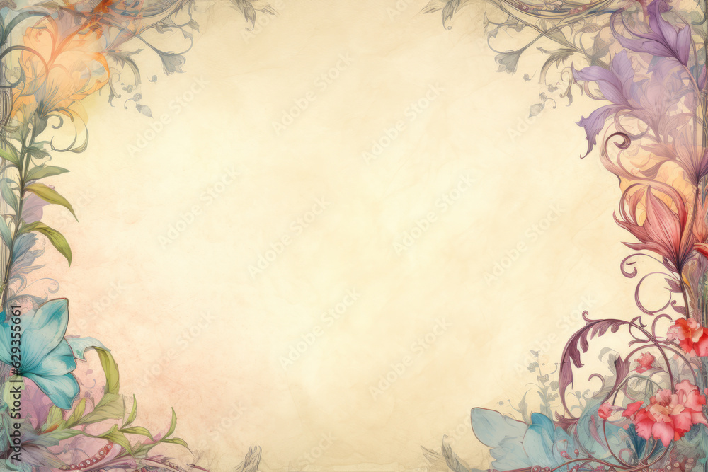 Aged parchment paper with frame of flowers. Scrapbook, fairytale, AI generative, illustration