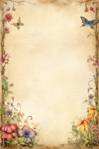 Aged parchment paper with frame of flowers. Scrapbook, fairytale, AI generative, illustration © hiddencatch