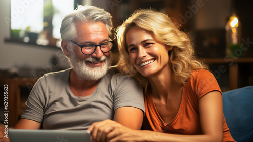 matured couple looking into the laptop on the couch