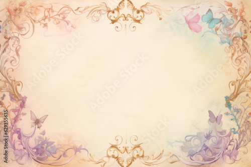 Aged parchment paper with frame of flowers. Scrapbook, fairytale, AI generative, illustration