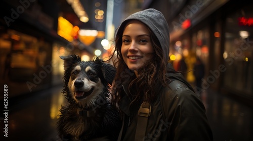 Walking with a dog on an autumn wet rainy street © Kristina Chistiakova