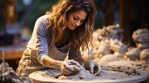 Portrait of girl doing pottery with clay