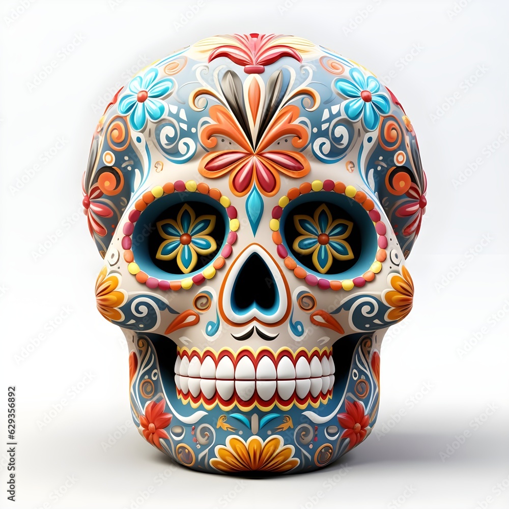 Calabera mejicana con fondo liso blanco, celebración día de los muertos. Halloween, noche de brujas. Personaje de animación 3d creado con tecnología IA Calabera mejicana con fondo liso blanco, celebración día de los muertos. Halloween, noche de brujas. Personaje de animación 3d creado con tecnología IA