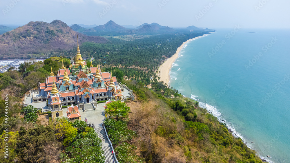 high angle shot Aerial view of Wat Tang Sai Buddhist Temple Temple located on the top of the mountain in Thailand