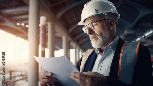 portrait of an architect holding a blueprint at construction site