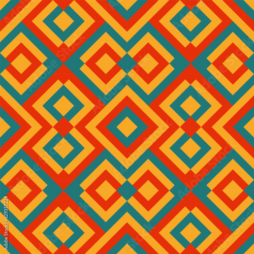 Bright seamless pixel pattern in Mexican style. Vivid tribal geometric triangles and squares ornament. Aztec rug background.
