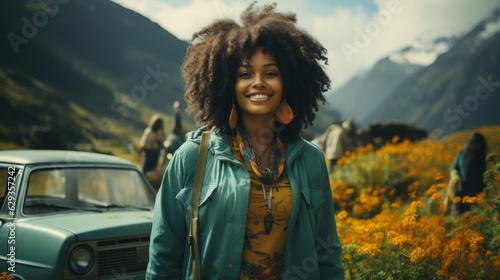 An African American woman taking a picture with her car while on a road trip vacation. Generative AI. 