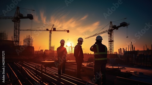 Silhouette Teams of Business Engineers looking for blueprints in construction sites through blurry construction sites at sunset with generative ai