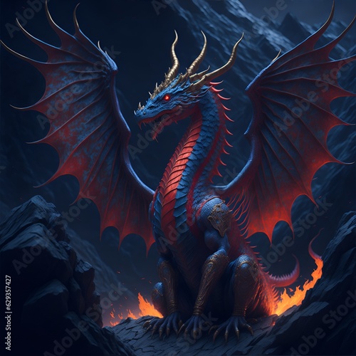 a full body ancient wise calm celestial dragon with red and blue wings, ultra detailed © Jonathan