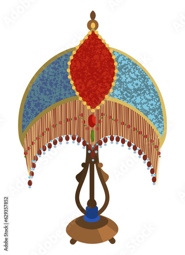 European vintage retro torchere lampshades in victorian style. Historic old-fashioned stylish interior. Blue table textile lamp.