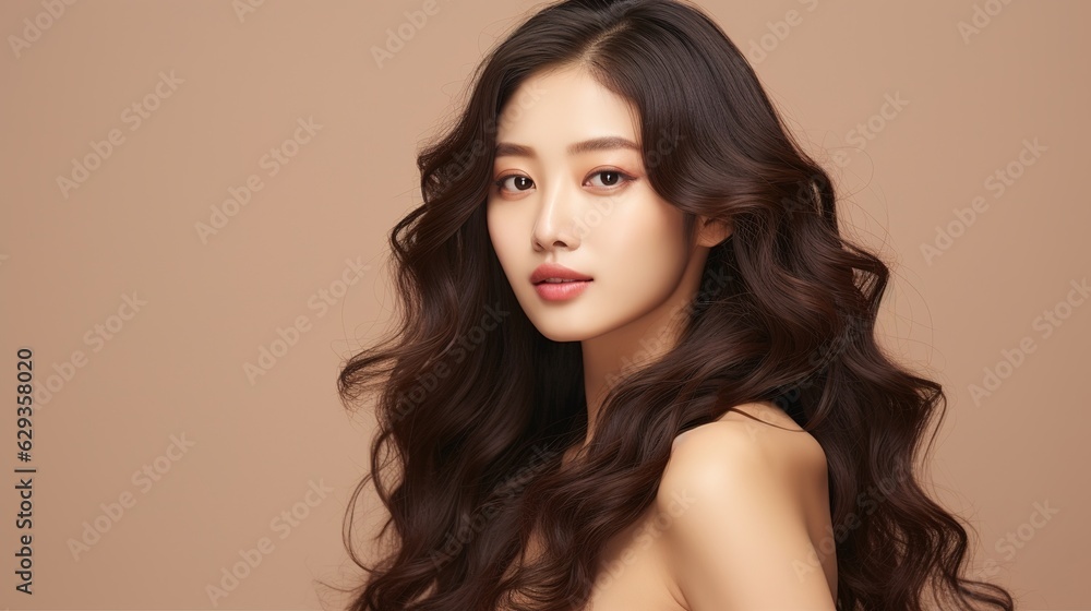 Fototapeta premium Young Asian beauty woman with curling long hair, Korean makeup on her face, and flawless skin against an isolated beige background. Facial Treatment