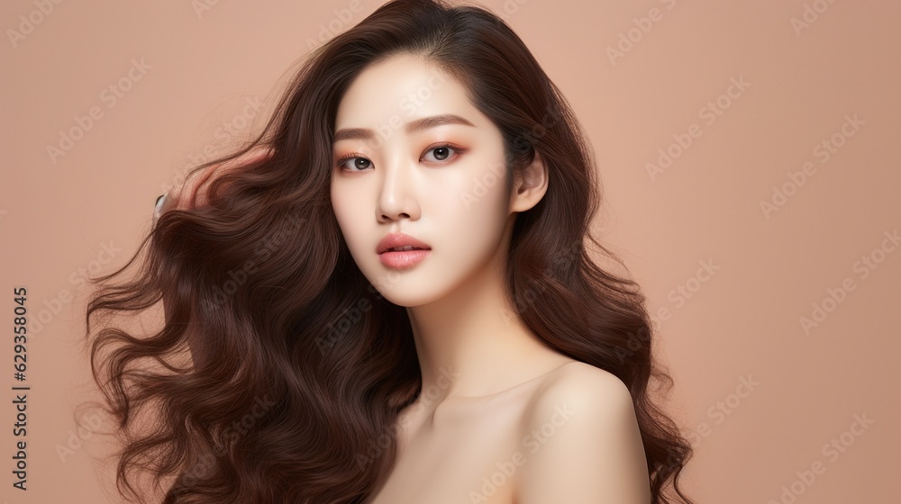 Fototapeta premium Young Asian beauty woman with curling long hair, Korean makeup on her face, and flawless skin against an isolated beige background. Facial Treatment