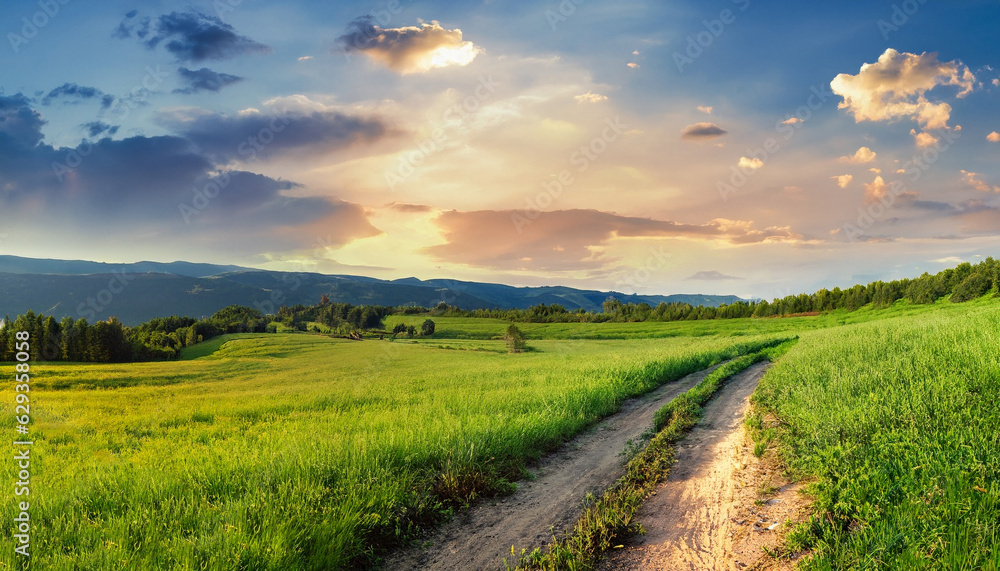 Obraz premium Beautiful summer mountain rural landscape; Panorama of summer green field with dirt road and Sunset cloudy sky.