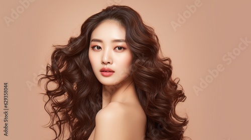 Young Asian beauty woman with curling long hair, Korean makeup on her face, and flawless skin against an isolated beige background. Facial Treatment