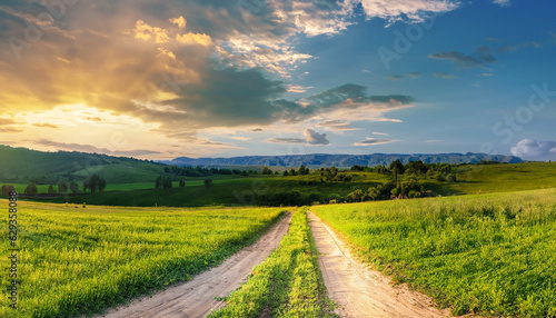 Beautiful summer mountain rural landscape  Panorama of summer green field with dirt road and Sunset cloudy sky.