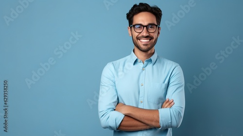 portrait of a businessman with his arms crossed on a sky blue background