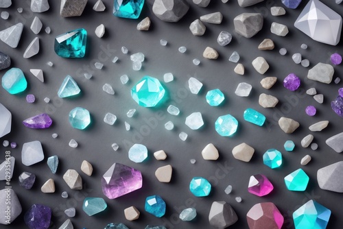 Colorful crystals on dark background. 3D rendering. Bokeh effect. Crystals and stones, knolling layout