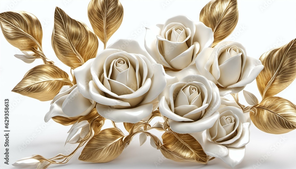 Golden Rose Buds and White Vines on 3D Gold Stems Golden Rose Buds and White Vines on 3D Gold Stems