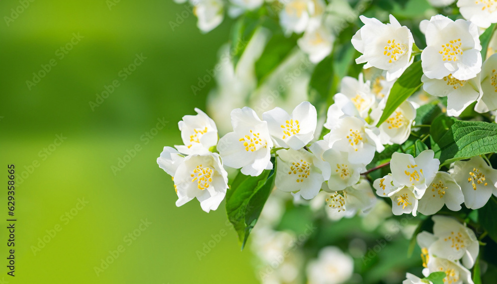 Beautiful spring border, blooming jasmine bush on a green background. Soft selective focus; Copy Spase