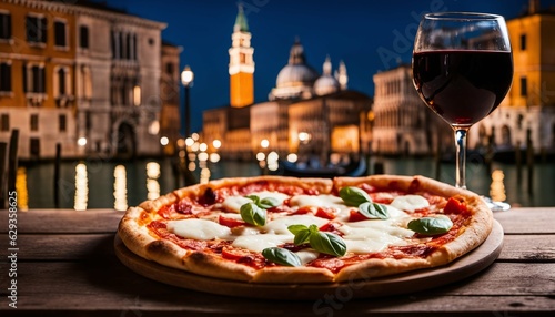 Delicious Italian Feast: Pizza, Pasta, and Red Wine in Venice