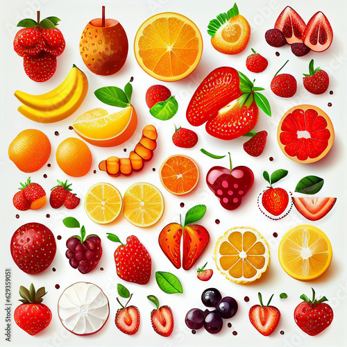 Fruit clipart set  clipart assortment of strawberry  apple  cherries  orange  pear  berries  many angles and side top view cut into slices or in half isolated on a transparent background cutout