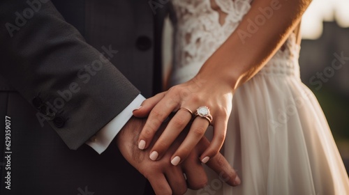 couple's hands intertwined, standing in front of a beautiful sunset at their wedding generative ai
