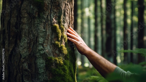 person's hand touching a tree at the edge of a forest generative ai © ThisDesign
