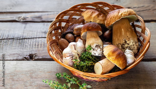 art Basket with fresh porcini mushrooms in the summer or autumn season  cep mushrooms and spices herbs on a wooden table  Italian recipe