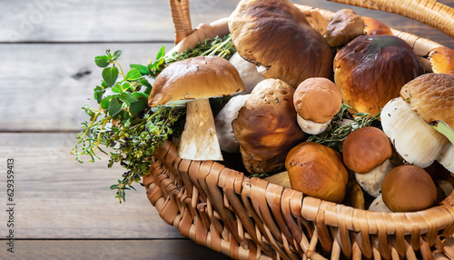 art Basket with fresh porcini mushrooms in the summer or autumn season; cep mushrooms and spices herbs on a wooden table; Italian recipe photo