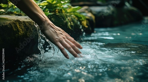 person's hand touching the water at the base of a waterfall generative ai © ThisDesign