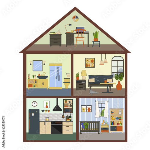 Sectional plan of the doll house. Vector flat illustration with outline. Living room, bathroom and kitchen, children room and study in the attic. For covers and brochures, games for kids, advertising 