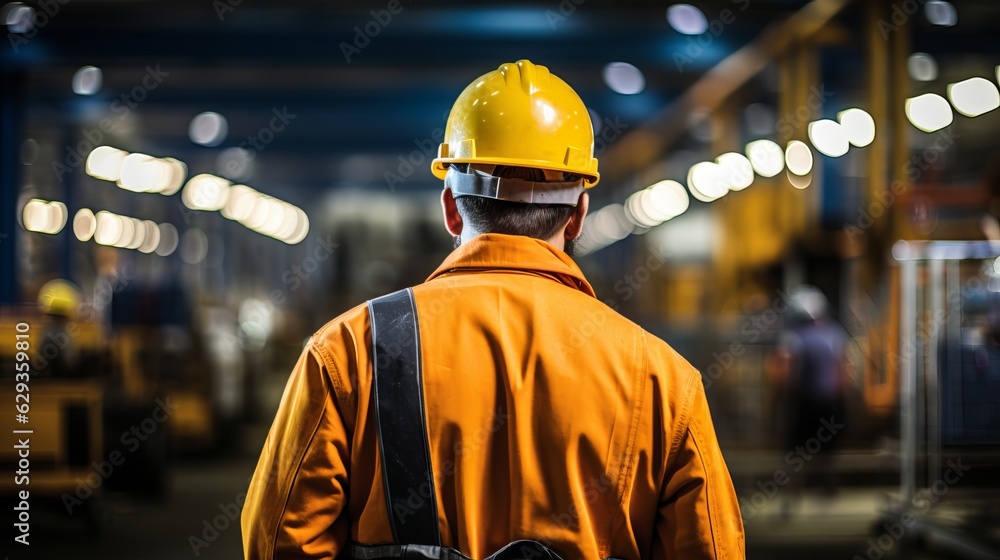 Factory Worker from behind on a warehouse. Generative ai Factory Worker from behind on a warehouse. Generative ai